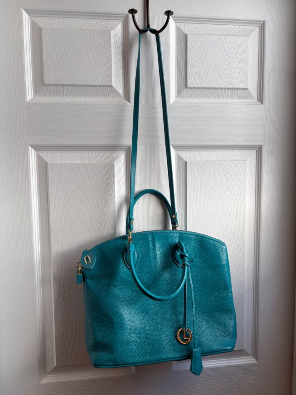 L. Credi Teal Leather Shoulder Bag, Hand Bag, Made in Italy - Picture 12 of 16